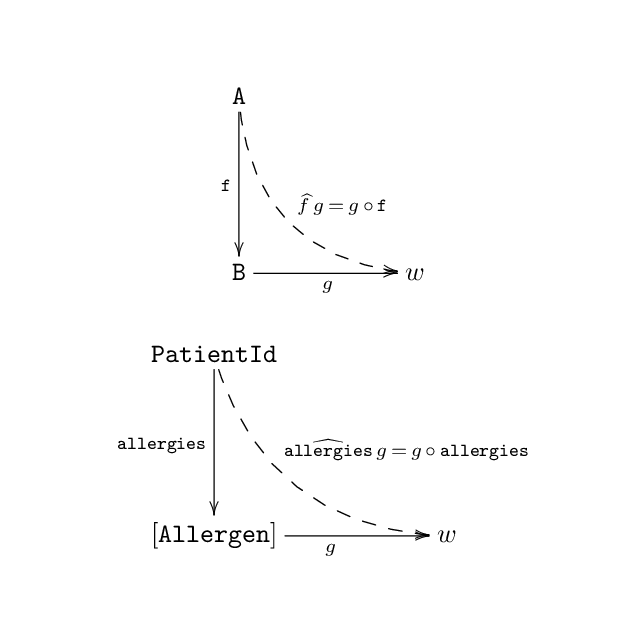 
Figure 2: a two-arrow path representing the composition of allergies with a function g from [Allergen] to w
