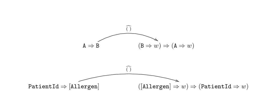 
Figure 4: the hat operation transforming functions with source type PatientId and target type [Allergen] into higher-order functions with source type [Allergen] -> w and target type PatientId -> w
